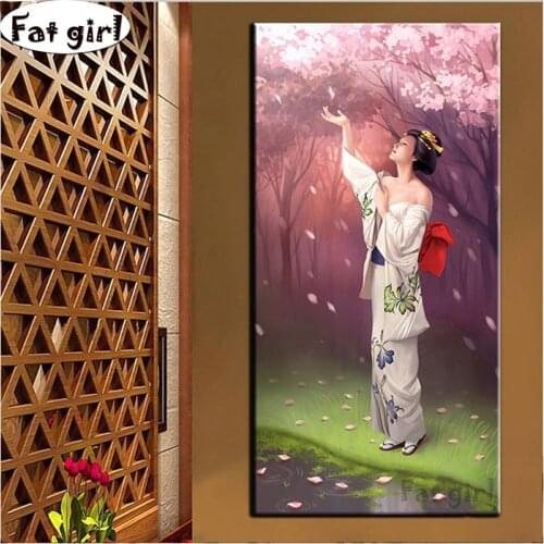 Large size diamond painting Japanese woman cross stitch embroidery Cherry blossoms square round mosaic Handmade hobby home decor