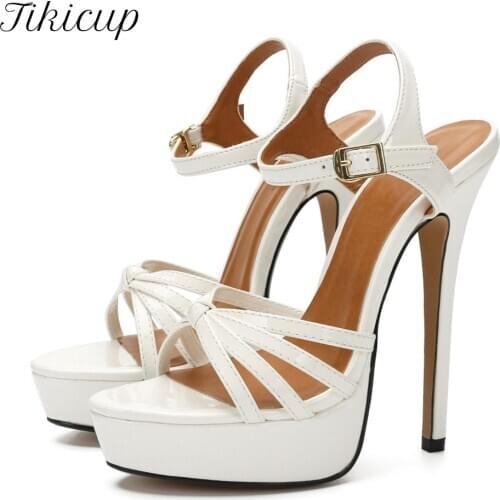 Tikicup Unisex Patent 16cm Extremely High Heel Platform Sandals Summer Women Ankle Strap Stiletto Strpper Dancer Shoes Size40-48