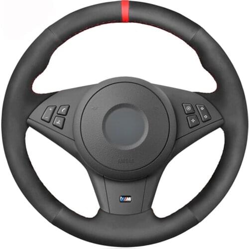 Black Suede Red Marker Handstitched No-slip Car Steering Wheel Cover for BMW M5 E60 E61 (Touring) M6 E63 E64 2005 2006 2007-2010