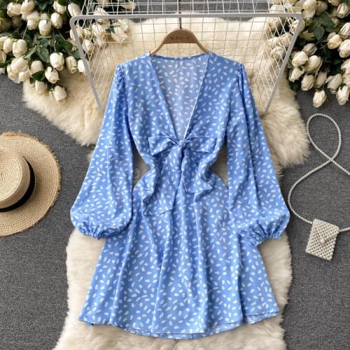 Croysier Spring Autumn Women Clothes 2021 Fashion Deep V Neck Tie Bow Print Casual Dress Elegant Vintage Long Sleeve Mini Dress