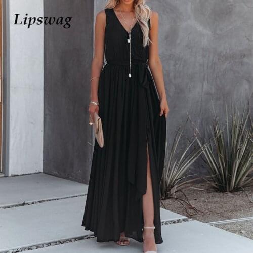 Elegant Solid Long Party Dresses Women 2021 Summer Casual Sleeveless Lace-up Split Maxi Dress Ladies Fashion V-Neck Dress Chic