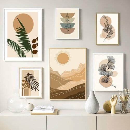 Mountain Sun Moon Plant Leaf Abstract Geometric Art Canvas Painting Nordic Posters And Prints Wall Picture For Living Room Decor