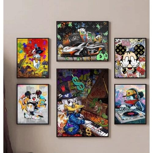 Graffiti Disney Mickey Mouse and Donald Duck Canvas Painting Cartoon Posters and Prints Wall Art Picture For Kids Bedroom Decor