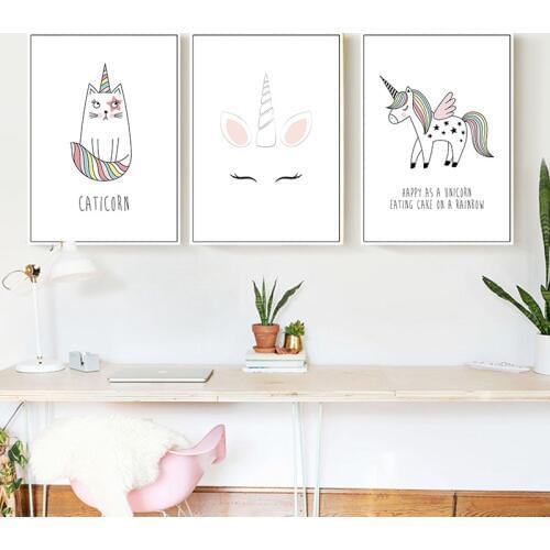 Baby Girl Nursery Wall Art Canvas Painting Pink Cartoon Unicorn Poster Print Nordic Style Kids Decoration Pictures Bedroom Decor