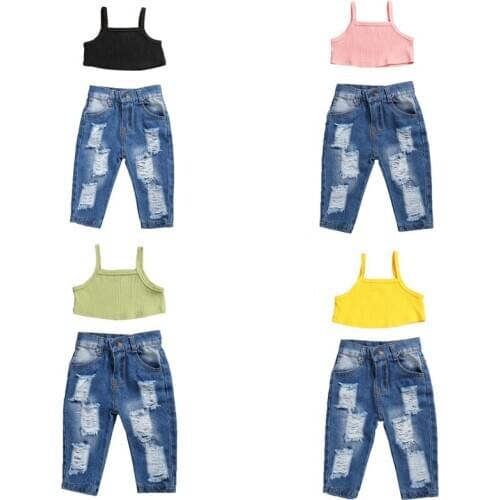 1-5Years Kid Girls Clothing Set Summer Baby Girl Solid Vest Top + Denim Ripped Pant Outfits