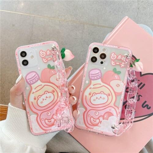 Korea Cute peach Wrist bracelet Airbag Phone Cases for iphone 12 11 Pro Max MiNi X XS XR 7 8 Plus SE 2020 Bumper soft Back cover