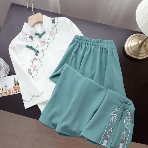 Summer Chinese Style Han Dynasty Women Outfit Improved Cheongsam Qipao Girl Tang Suit Hanfu Flower Embroidery Tops Skirt Party