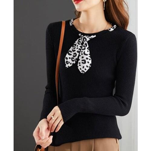 Fashion Knitted Button Up Shirt Women Loose Round Neck Leopard White Long Sleeve Sweater Women Bow Elegantes Black Female 1153