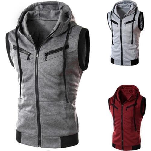 Men Solid Color Hooded Gilet Vest Zip Pocket Sleeveless Slim Waistcoat Jacket