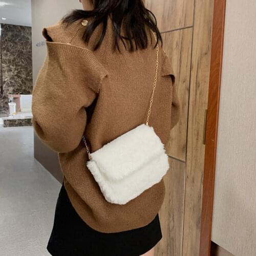 Soft Plush Womens Crossbody Bags All-match Chain Ladies Small Square Shoulder Bag Faux Fur Student Girls Furry Purse Handbags