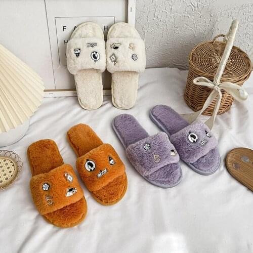 Cartoon Letter Pattern Furry Slides Warm Flat Mules Slippers Slip On Indoor Home No-Slip Comfortable Shoes 2021 Autumn Winter