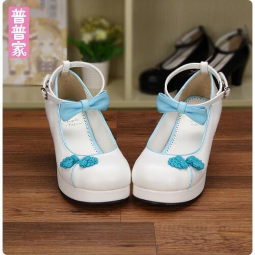Princess sweet lolita shoes Small round shoes bow tie embroidered Chinese style Princess high heel hand-made shoes pu8522