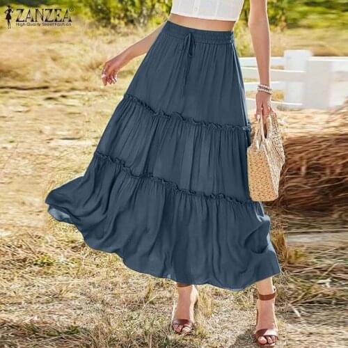Summer Skirts ZANZEA Vintage Women Ruffles Elastic Waist Solid Vocation A-line Jupe Faldas Saia Lace Up Oversized Long OL Skirt