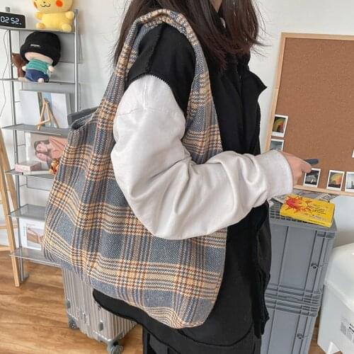 Women Shoulder Tote Bag Canvas Plaid Handbags Large Capacity Soft Shopping Bags Girls Cute Tote Shoulder Bag