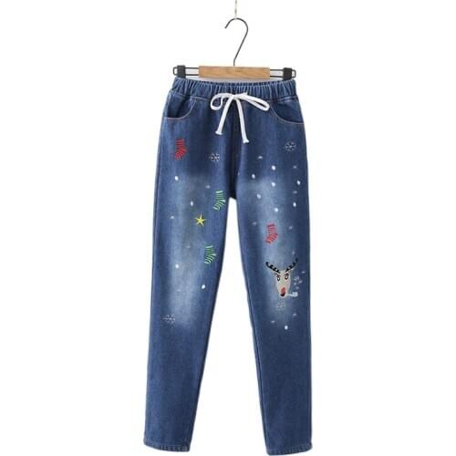 Women Jeans Fleece Pants Fawn Embroidery Female New Harajuku Student Girl Casual Elastic Waist Straight Trousers 2011027