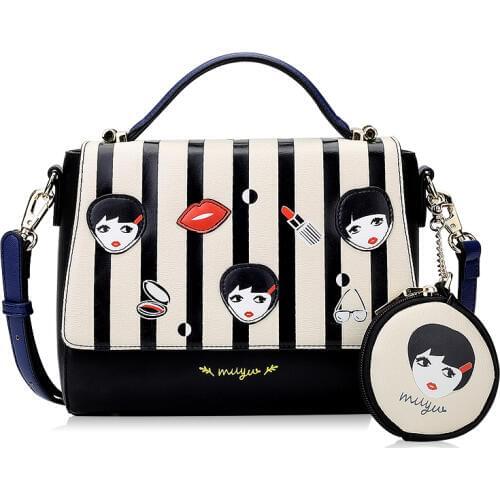 Women Leather Embroidery Handbags Girl Shoulder Bags Messenger Bag Female Totes Braccialini Style Art Cartoon Lipstik Girls