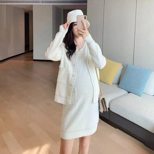 2288# Autumn Korean Fashion Maternity Cardigan Dress Sets Elegant Chic Ins Suits Clothes for Pregnant Women Pregnancy Clothing