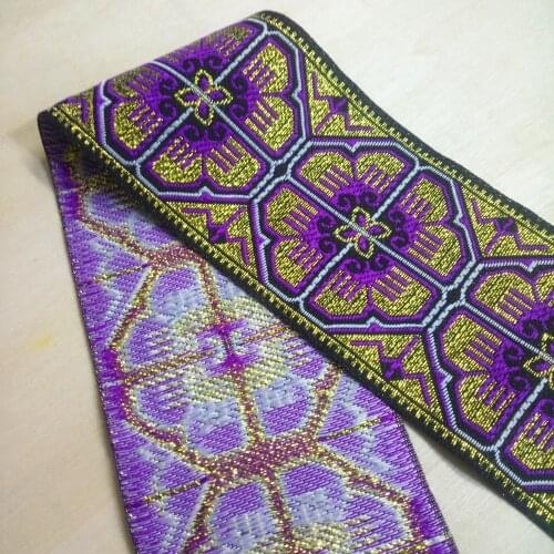 6.6cm 66mm 2-5/8' Purple Octagonal Golden Filigree Zigzag Antelope Horn Ethnic Curtain Laciness National Jacquard Webbing Ribbon