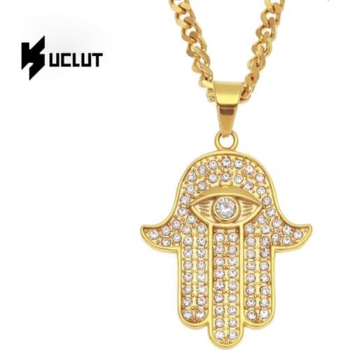Women Men Hamsa Hand Necklace Gold Color Stainless Steel Evil Eye Pendant & Chain Hip Hop Turkish Luck Jewelry