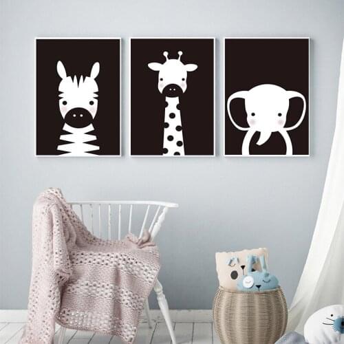 Black and White Canvas Painting Cartoon Animal Zebra Giraffe Elephant Posters Nursery Wall Art Print Children Room Decoration