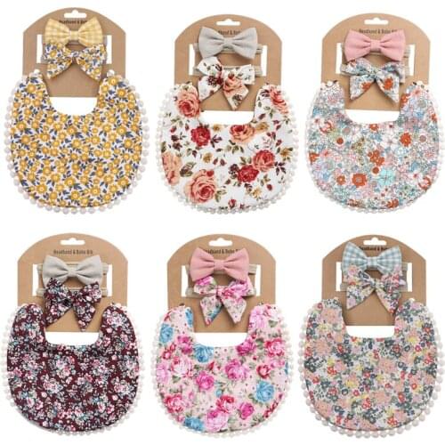 3Pcs Baby Headband Tassel Saliva Towel Flower Print Newborn Infant Double Side Bibs Boys Girls Bandana Burp Cloths Feeding Bibs