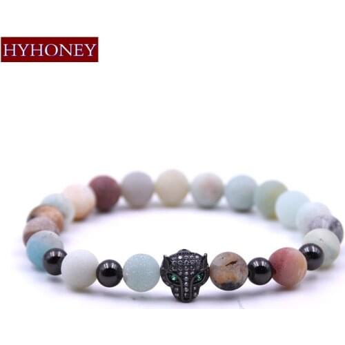 HYHONEY Micro Pave CZ Copper Leopard Head Charm Bracelets & Bangles Frosted Amazonite Natural Stone Bracelet pulseras