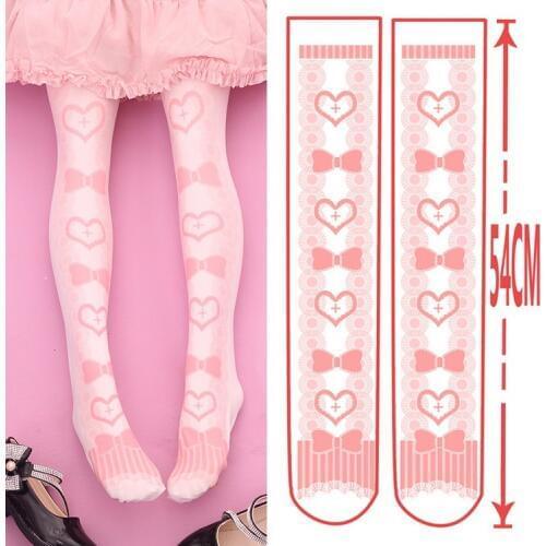 Japanese Lolita Heart and bow-knot print thigh-high Pantyhose 100D Velvet fashion Sweet pink lolita stockings Tights