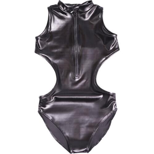 Sleeveless Backless Hollow Out Chest Zipper Open Fashion Bodysuit Bikini Swimwear Faux Leather Monokini Sukumizu Jumpsuits Body