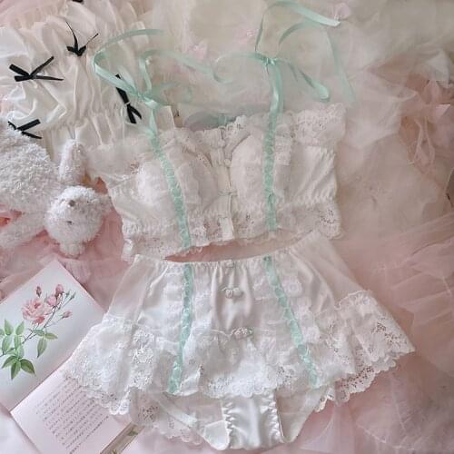 Japanese-Style Lingerie Lolita French Retro Lace Ribbon Front Buckle Flower Rimless Girls Bra Set