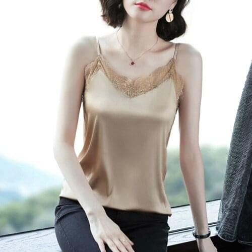 Korean Fashion Silk Women Tank Top Satin Lace Women Halter Top Solid Office Lady Camis Plus Size Spaghetti Strap Tank Top