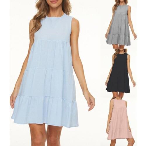 Summer Women Vest Dress Women Dress Solid Color Loose Casual Ladies Round Neck Simple Dress Loose Dresses Vestido Sundress robe