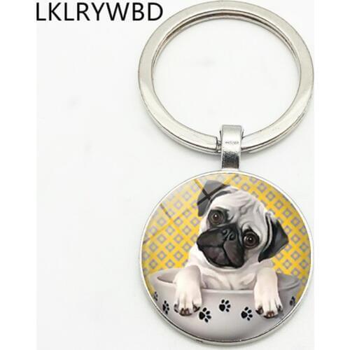 LKLRYWBD Cute Pug Tea Cup Dog Keychain Keyring Jewelry Pendant Convex Glass Keychain Friends Gift