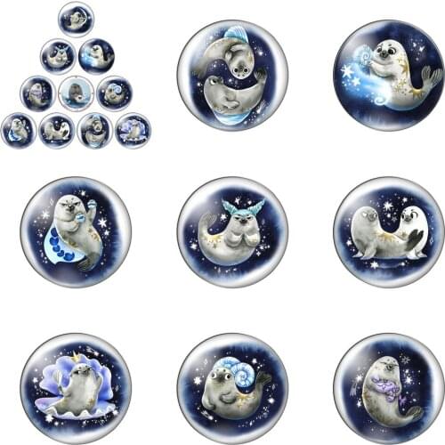 Cute and Creative Cartoon Sea Lions10pcs Mixed 12mm/20mm/25mm/30mm Photo Glass Cabochon Demo Flat Back Making Findings