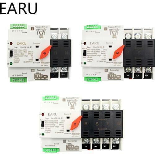 2/3/4P 100A 110V/220V Mini ATS Automatic Transfer Switch Electrical Selector Switches Dual Power Switch PV Solar Energy Din Rail