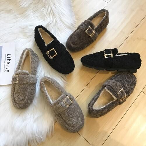 Fashion Autumn And Winter Peas Shoes Female Wild Bow A Pedal Lazy Warm Cotton Shoes Women Short Plush women shoes U16-20