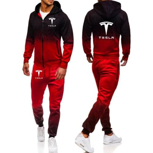 Mens jacket Tesla Car Logo Printed Spring Autumn high quality cotton Gradient Mens sweatshirt + sweatpants 2-piece suit