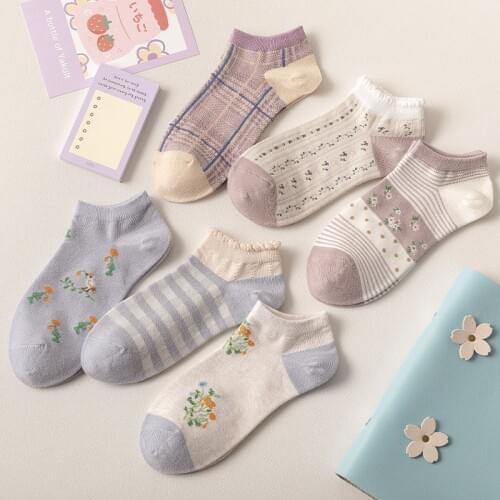 Blue Purple Color Boat Socks for Women Girls Flowers Stripe Grids Summer Spring Autumn Sock Cotton Comfortable Short Socks