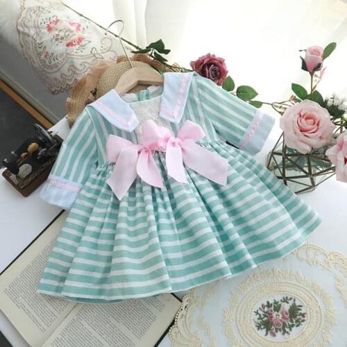 New Spanish Clothing Sailor Collar Bow Half Sleeve Striped Dress Sweet Cute Easter Eid Princess Dress For Girls Vestidos A89