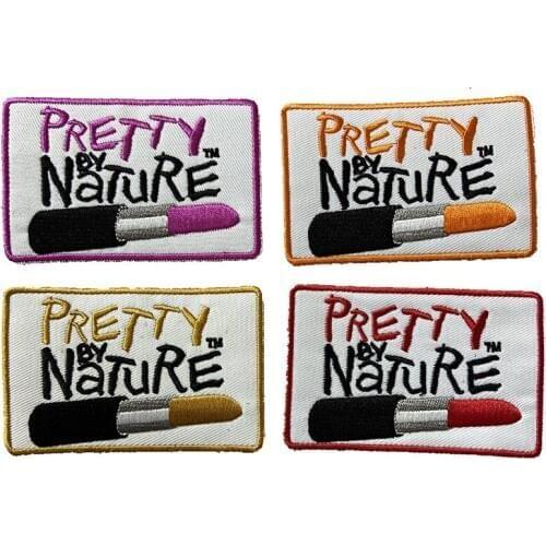 New Arrival 1 Piece PRETTY BY NATURE Lipstick Embroidered Badge Patches Iron on Embroidery Appliques for Clothes 5 colors
