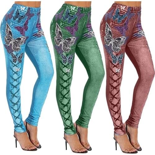 Slim Women Leggings Print Butterfly Faux Denim Jeans Casual Pencil Leggings Ladies Fitness Leggings