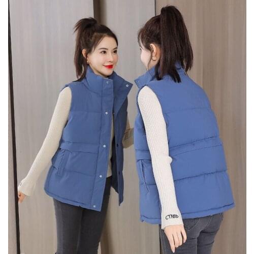 2021 Autumn Winter Women Solid Loose Vest Stand Collar Long Vest Jacket Cotton Padded Women Windproof Warm Waistcoat Blue
