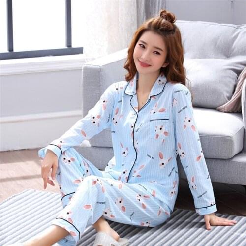 Autumn Women Pajamas Set Long Sleeved Sleepwear Knit Suits Clothing Print Animal Flowers Pattern Nightwear