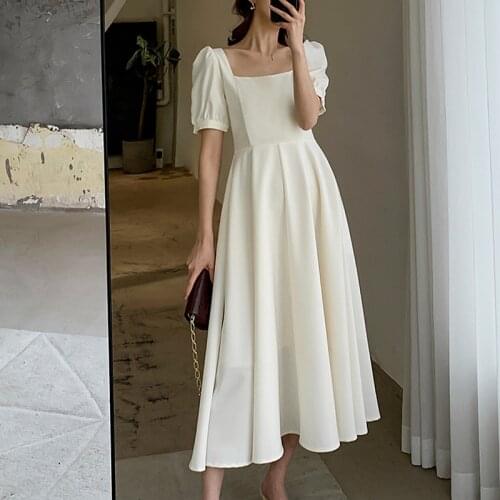 Elegant Party Long Dress Women 2021 Summer Square Collar Puff Sleeve White Black Dresses Plus Size dress vestidos