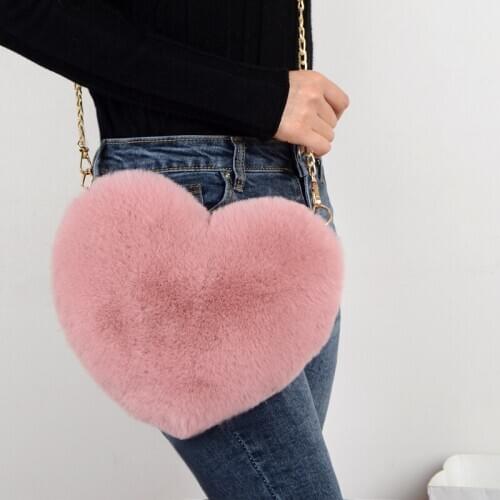 Crossbody Bags for Women Rex Rabbit Fur Love Bag Peach Heart Bag Chain Bag Fashion Shoulder Cross-chain Female Bag