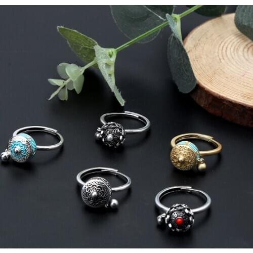 Rotating Rings Buddhist Tibetan Prayer Wheel Ring OM Mantra Finger Ring Good Luck Lotus Floral Enamel Rotating Ring Band