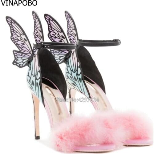 2018 Newest Pink Feather Butterfly Wing Gladiator fur Sandals Women Open Toe Sexy Stiletto High Heel Shoes Woman Wedding Shoes