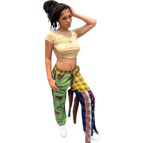 RStylish 2021 Women Grid Patchwork Hip Hop Harajuku Streetwear Punk Portrait Printing Vintage Straight Pants
