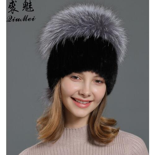 Womens Knitted Hats Natural Mink Fur Cap Fluffy Fox Fur Genuine Warm Lining Thicken Luxury 2019 Skullies Beanies Female Winter