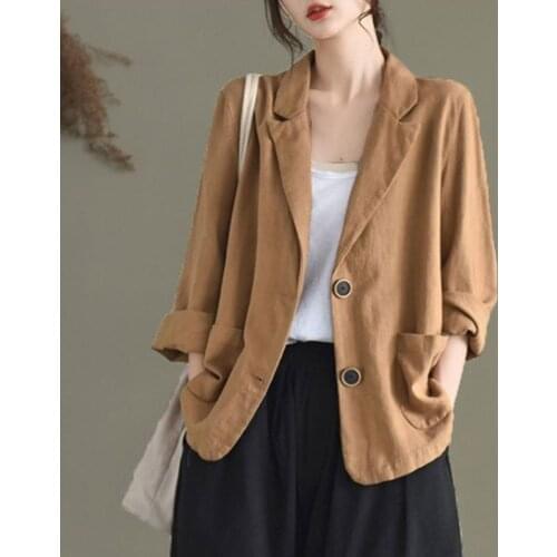 Women Cotton Linen Blazer Jackets New 2021 Spring Simple Casual Vintage Solid Color Loose Female Outerwear Coats Women Blazer