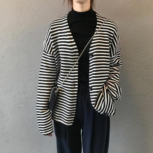 Women Cardigan Autumn Coat 2019 Fall Korean Style Students Striped Sweater Knitted Tops Loose Single Breasted Oversized Knitwear